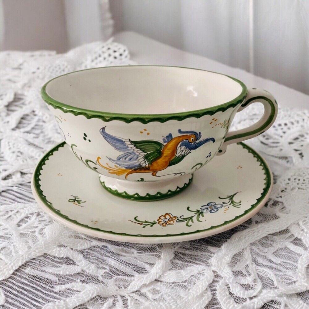 French Pottery Cup and Saucer Hand Painted Birds Signed Atelier du Chateau Set 2